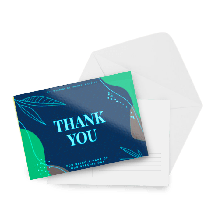Navy and green wedding thank-you card that reads thank you for being a part of our special day