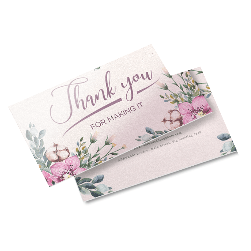Pink floral thank-you postcards printed on pearl paper