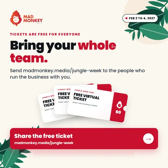 Three free virtual tickets fanned out, with the line Bring your whole team.